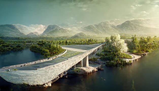 Autoviaduct aan de oever van het meer met groene bomen en bergen