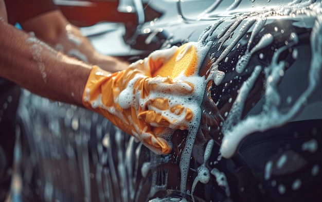 Foto autowasser op het werk in zijn handen heeft hij wasdoek en een grote hoeveelheid schuim en water op de auto