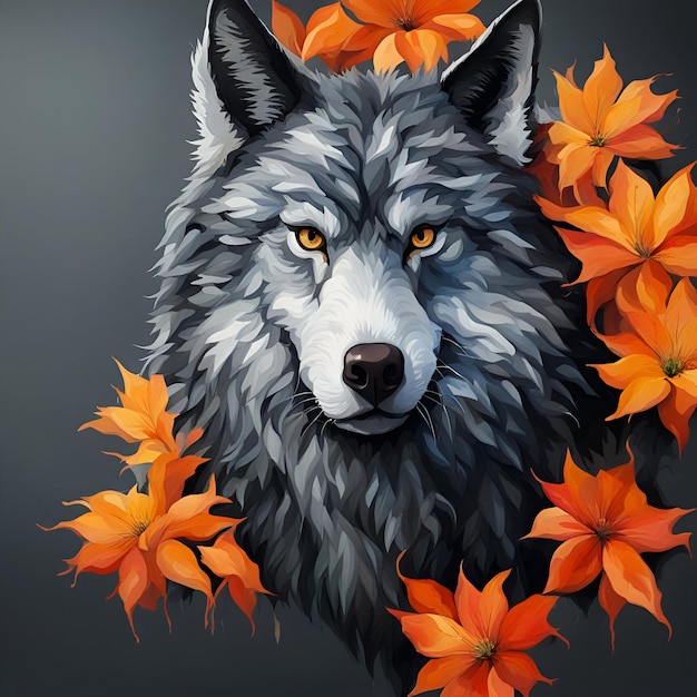 Photo autumm wolf with leaves illustration