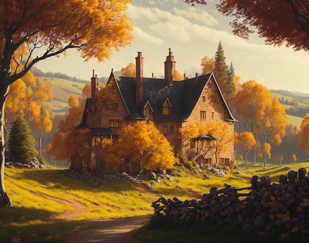 AI技術を活用した秋の風景の中に佇む「Autumn Abode」の居心地の良いコテージ