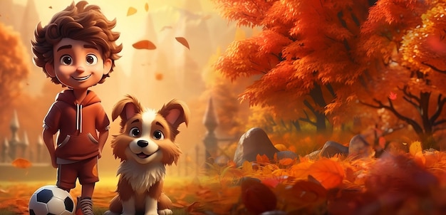 Autumn activity concept kid playing football with dog 3c cartoon style