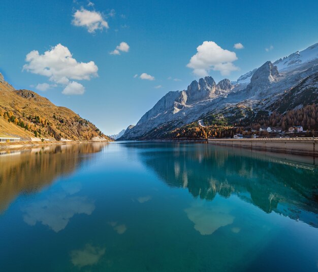 Autumn alpine mountain Lake and Pass Trentino Dolomites Alps Italy