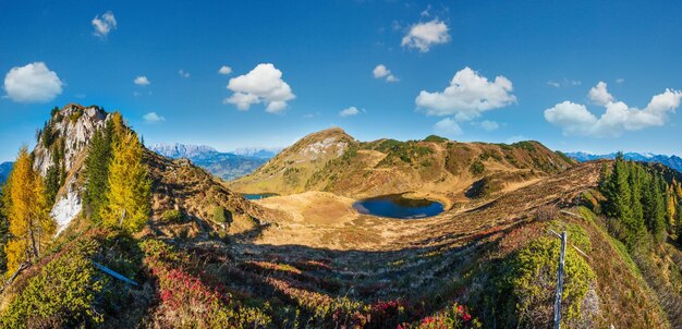 Autumn alpine Paarsee or Paarseen lakes Land Salzburg Austria Alps Hochkonig rocky mountain group view in far