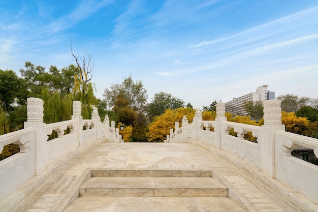 In autumn, ancient buildings and arch bridges are in Yingze Park, Taiyuan, Shanxi Province, China