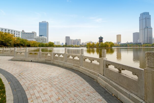 In autumn, ancient buildings and arch bridges are in Yingze Park, Taiyuan