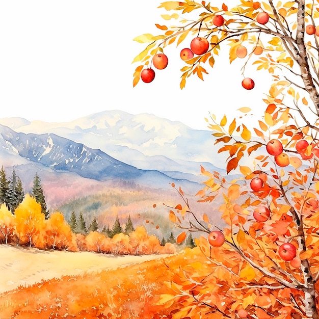 Autumn apples mountains watercolor ai landscape sunshine