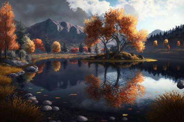湖の周りの秋の 3D 超リアルな HD 8K 広告写真