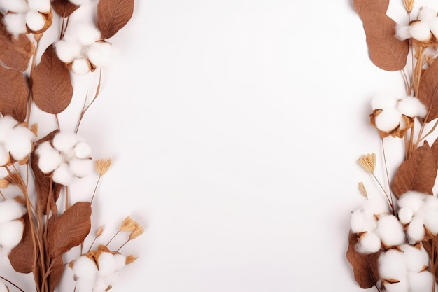 Autumn arrangement Eucalyptus frame cotton flowers dried leaves on pastel gray background Fall conce