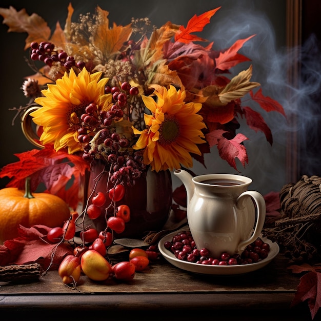 Autumn arrangement with leaves and hot beverage
