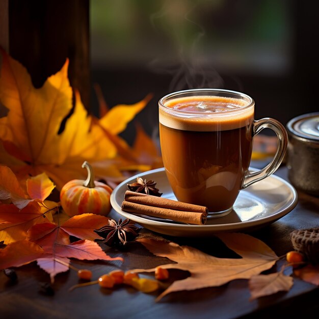 Autumn arrangement with leaves and hot beverage