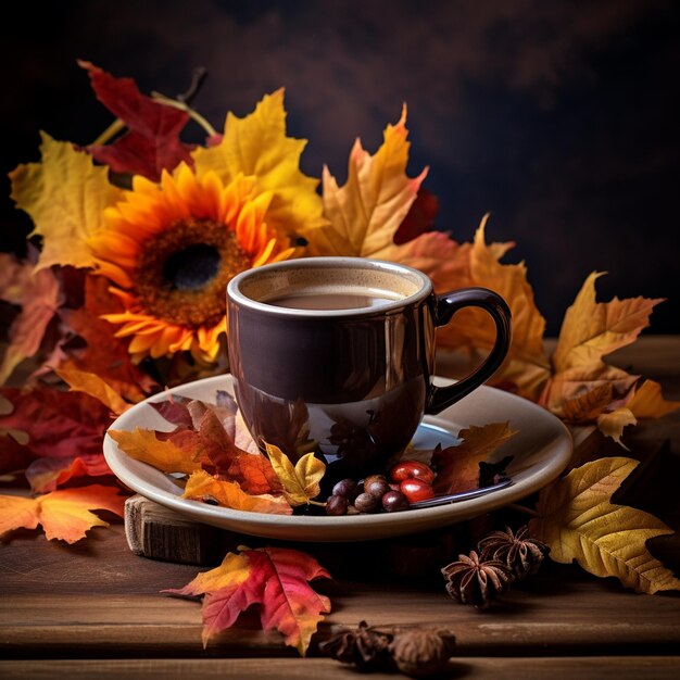 Foto arredamento autunnale con foglie e bevande calde