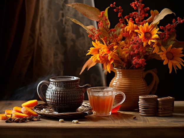 Autumn arrangement with leaves and hot beverage