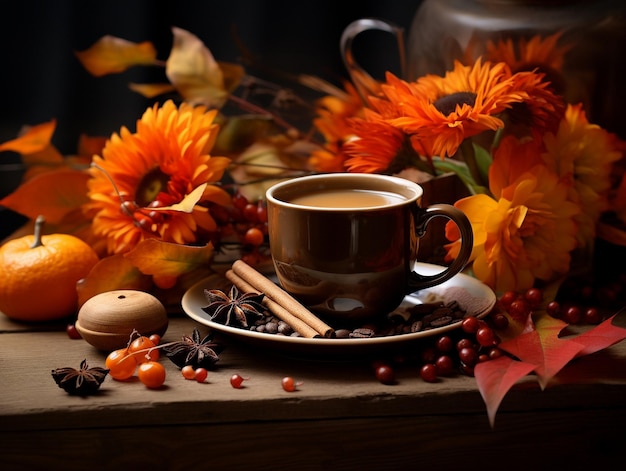 Autumn arrangement with leaves and hot beverage