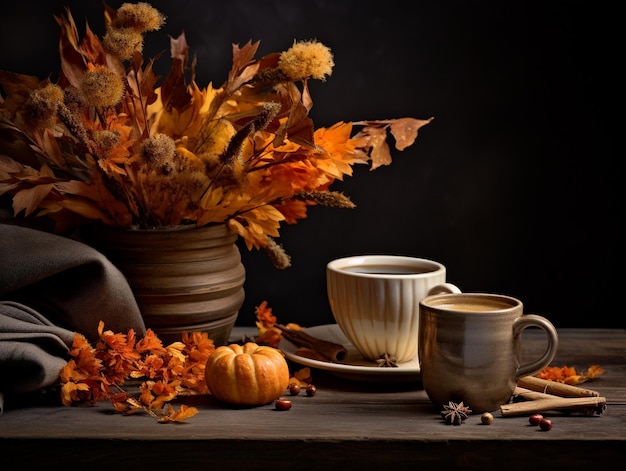 Autumn arrangement with leaves and hot beverage