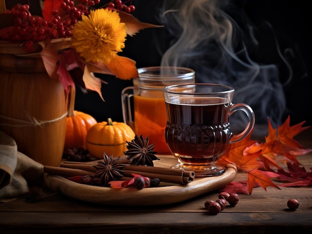 Autumn arrangement with leaves and hot beverage