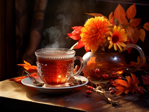 Autumn arrangement with leaves and hot beverage