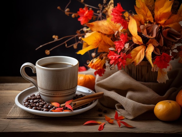 Autumn arrangement with leaves and hot beverage