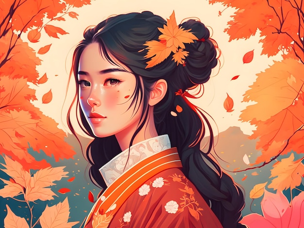 autumn asian girl illustration