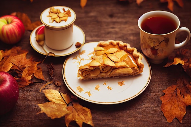 Autumn atmosphere in evening apple pie with cup of tea on wooden table