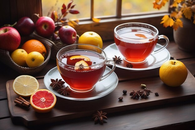 Autumn atmosphere hot tea and fruit