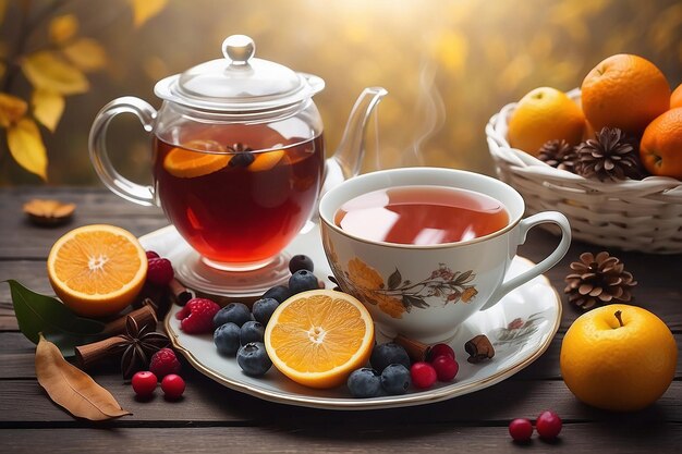 Autumn atmosphere hot tea and fruit