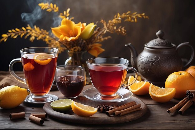 Autumn atmosphere hot tea and fruit