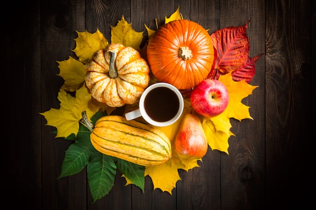 Autumn backdrop decoration with pumpkins, marrow, apple, pear, cup of coffee and colorful leaves on dark wooden background.