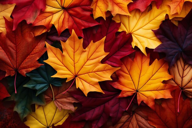 Autumn background of colorful maple leaves in the sunlight