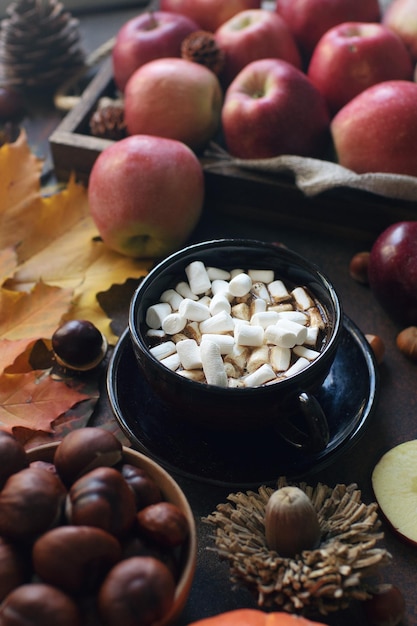 Autumn background a cup of cocoa with marshmallow decorative pumpkin acorns apples nuts and autumn leaves on dark stone table harvest still life composition thanksgiving background