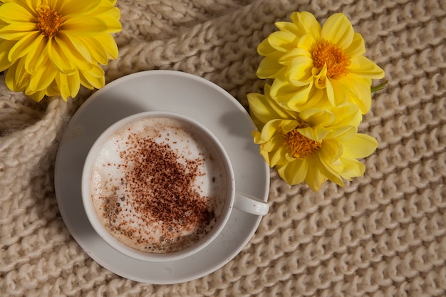 Autumn background, cup of hot drink and knitted plaid