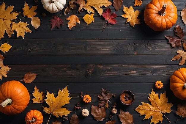 Autumn background decoration from dry leaves and pumpkin on dark wooden background Flat lay top view for Autumn fall Thanksgiving concept