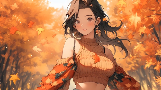 Autumn background design Fall wallpaper golden brown anime manga style