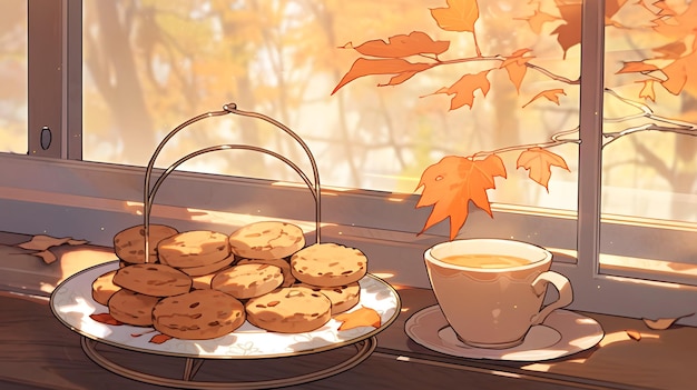 Autumn background design fall wallpaper golden brown anime manga style