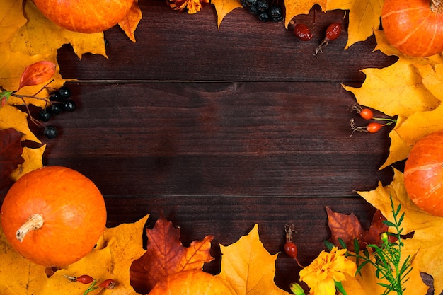 Sfondo autunnale cornice da zucche mature e foglie su tavole di legno raccolto e ringraziamento