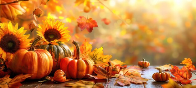 Autumn background from fallen leaves and pumpkins on wooden vintage table