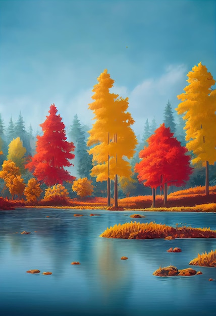 Autumn background Lake or river with orange bushes and trees Colorful tree branches 3d illustration