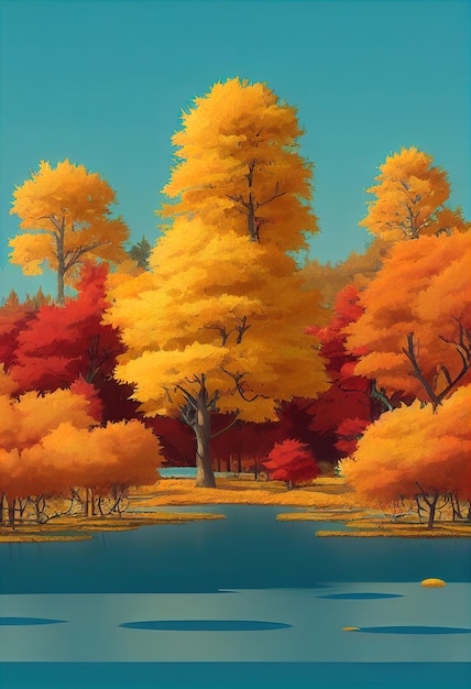 가을 배경 오렌지 덤불과 나무가있는 호수 또는 강 다채로운 나뭇 가지 3d 일러스트