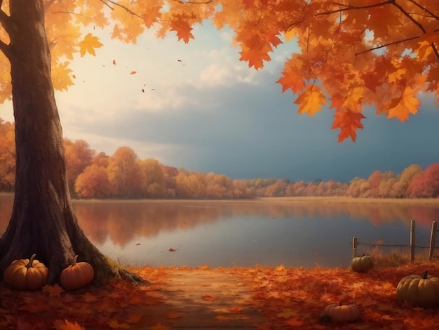 Осенний фон картина озера с осенними листьями и стволом дерева