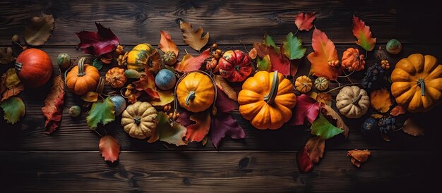 Autumn background of pumpkins and leaves for Thanksgiving and Halloween on a dark wood table background View from above Panoramic Generative AI illustration