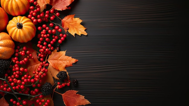 Autumn background template with leaves pumpkins and berries on a dark background