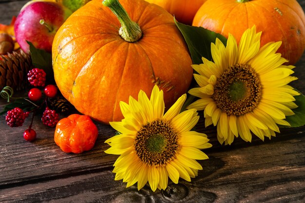 Autumn Background Thanksgiving table Pumpkins sunflowers apples and fallen leaves