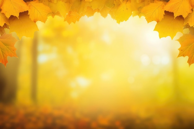 Autumn background tree maple leaves like a frame for copy space on a blurred orange and yellow