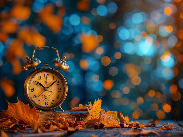 Photo autumn background with an alarm clock and autumn leaves on a wooden table