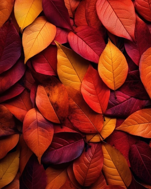 Autumn background with colored red leaves on background Top view copy space Generative AI