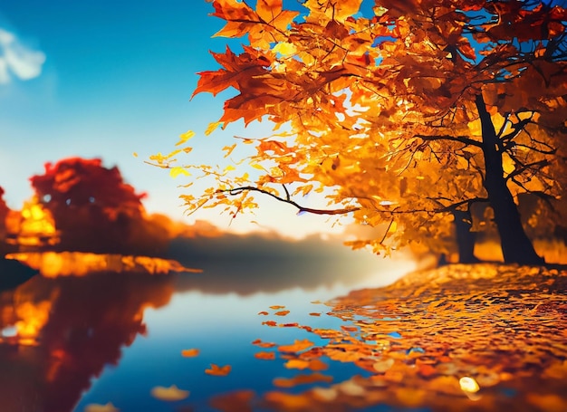 Autumn background with colored red leaves on blue background