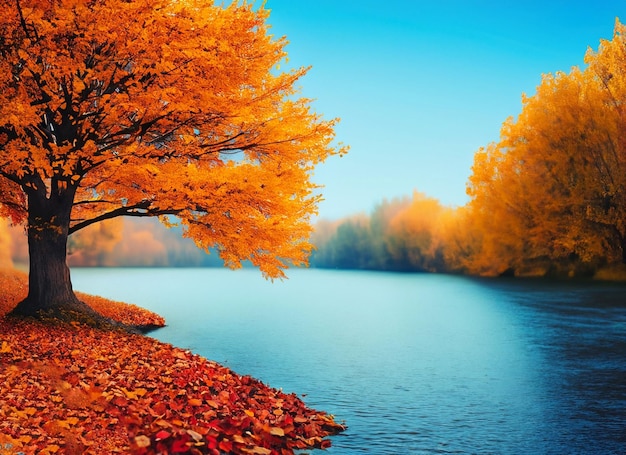 Autumn background with colored red leaves on blue background