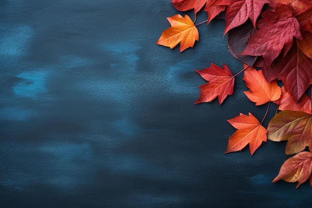 Autumn background with colored red leaves on blue slate background Top view copy space