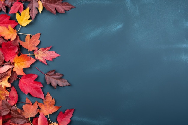 Autumn background with colored red leaves on blue slate background Top view copy space