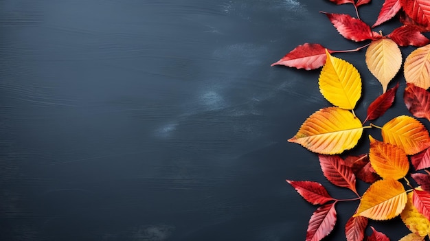 青いスレートの背景に色の付いた赤い葉の秋の背景 トップビューのコピースペース
