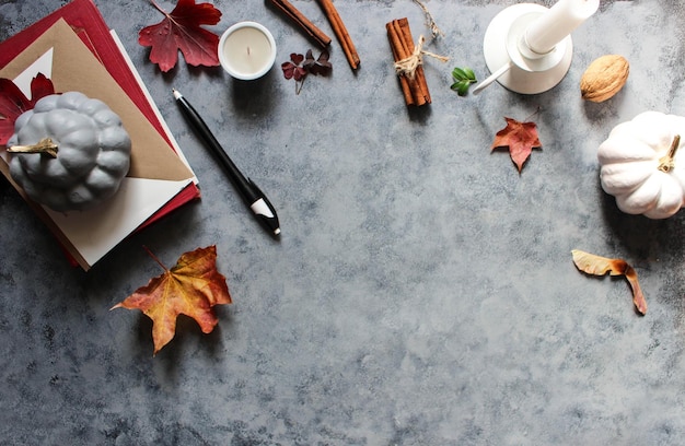 Autumn background with colored red leaves on grey slate
background top view copy space